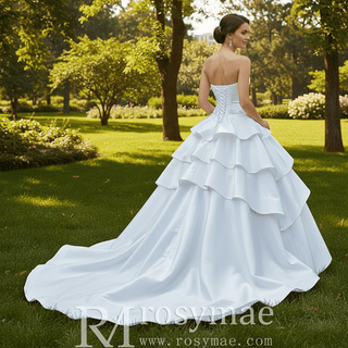 Vintage Tiered Ruffle Satin Wedding Dress Ball Gown with Sweetheart - Rosymae