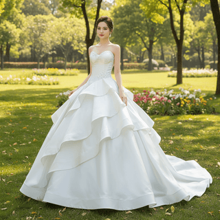 Vintage Tiered Ruffle Satin Wedding Dress Ball Gown with Sweetheart - Rosymae