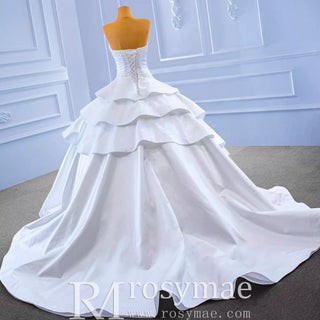 Vintage Tiered Ruffle Satin Wedding Dress Ball Gown with Sweetheart - Rosymae