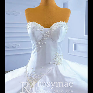 Vintage Tiered Ruffle Satin Wedding Dress Ball Gown with Sweetheart - Rosymae