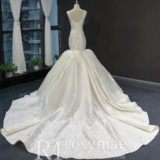 Vintage Trumpet Wedding Dress V Neck Low Back Wedding Gown - Rosymae