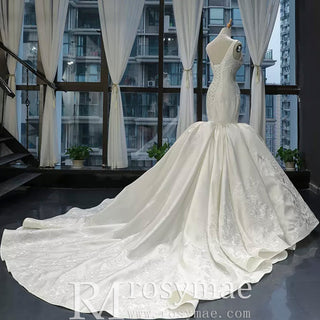 Vintage Trumpet Wedding Dress V Neck Low Back Wedding Gown - Rosymae