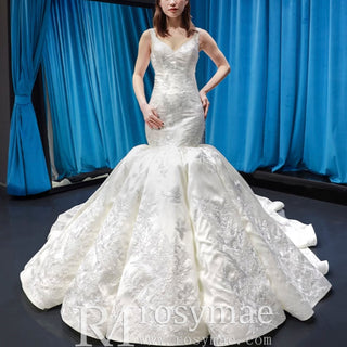 Vintage Trumpet Wedding Dress V Neck Low Back Wedding Gown - Rosymae