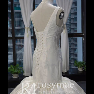 Vintage Trumpet Wedding Dress V Neck Low Back Wedding Gown - Rosymae
