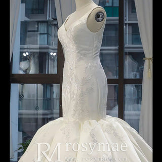 Vintage Trumpet Wedding Dress V Neck Low Back Wedding Gown - Rosymae