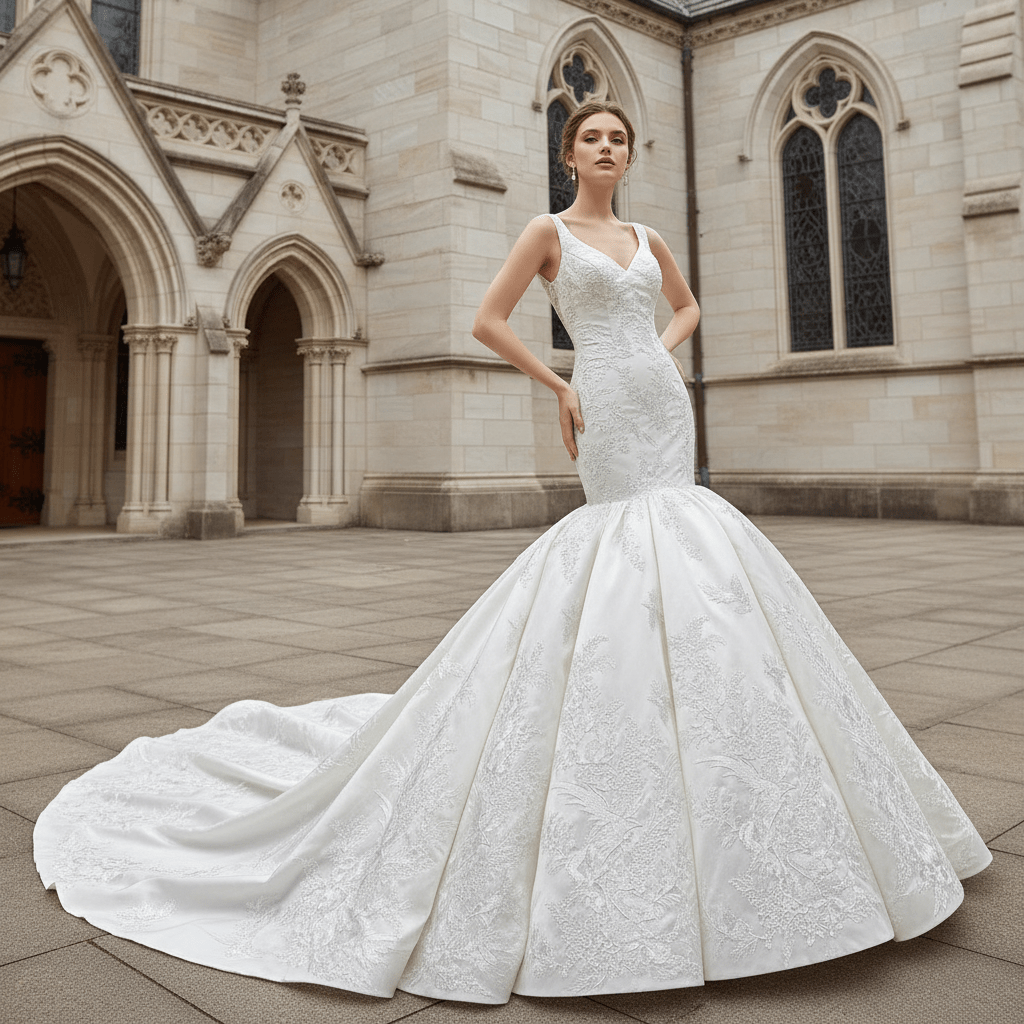Vintage Trumpet Wedding Dress V Neck Low Back Wedding Gown Ivory / 16W