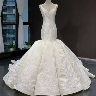 Vintage Trumpet Wedding Dress V Neck Low Back Wedding Gown - Rosymae