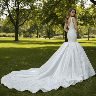 Vintage Trumpet Wedding Dress V Neck Low Back Wedding Gown - Rosymae