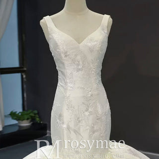 Vintage Trumpet Wedding Dress V Neck Low Back Wedding Gown - Rosymae