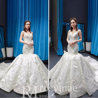 Vintage Trumpet Wedding Dress V Neck Low Back Wedding Gown - Rosymae