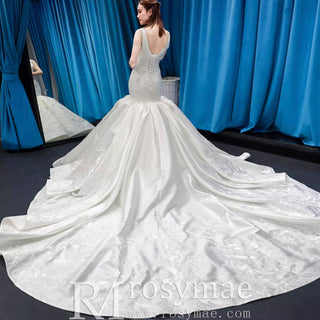 Vintage Trumpet Wedding Dress V Neck Low Back Wedding Gown - Rosymae
