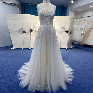 Vintage Tulle Lace A-line Vneck Wedding Dress with Spaghetti Strap - Rosymae