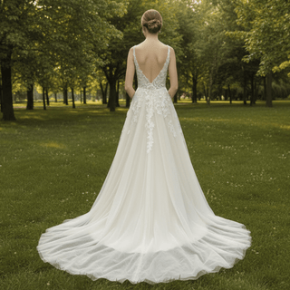 Vintage Tulle Lace A-line Vneck Wedding Dress with Spaghetti Strap - Rosymae