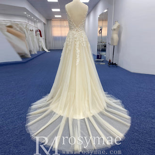 Vintage Tulle Lace A-line Vneck Wedding Dress with Spaghetti Strap - Rosymae