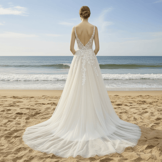 Vintage Tulle Lace A-line Vneck Wedding Dress with Spaghetti Strap - Rosymae