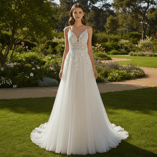 Vintage Tulle Lace A-line Vneck Wedding Dress with Spaghetti Strap - Rosymae