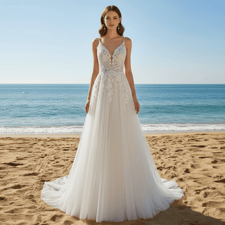 Vintage Tulle Lace A-line Vneck Wedding Dress with Spaghetti Strap - Rosymae
