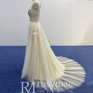 Vintage Tulle Lace A-line Vneck Wedding Dress with Spaghetti Strap - Rosymae