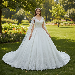 Classic Vneck Ball Gown Wedding Dress with Long Cape & Train