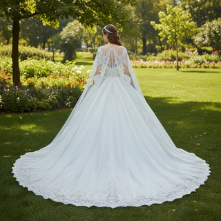 Classic Vneck Ball Gown Wedding Dress with Long Cape & Train
