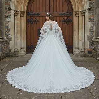 Classic Vneck Ball Gown Wedding Dress with Long Cape & Train