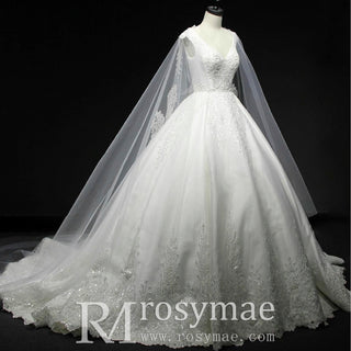 Classic Vneck Ball Gown Wedding Dress with Long Cape & Train