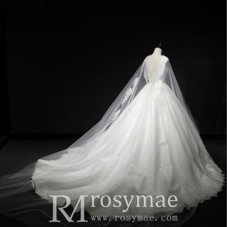 Classic Vneck Ball Gown Wedding Dress with Long Cape & Train