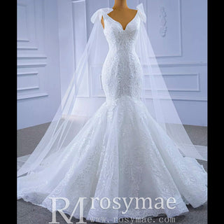 Vneck Floral Lace Mermaid Wedding Dress with Cape Sleeves - Rosymae