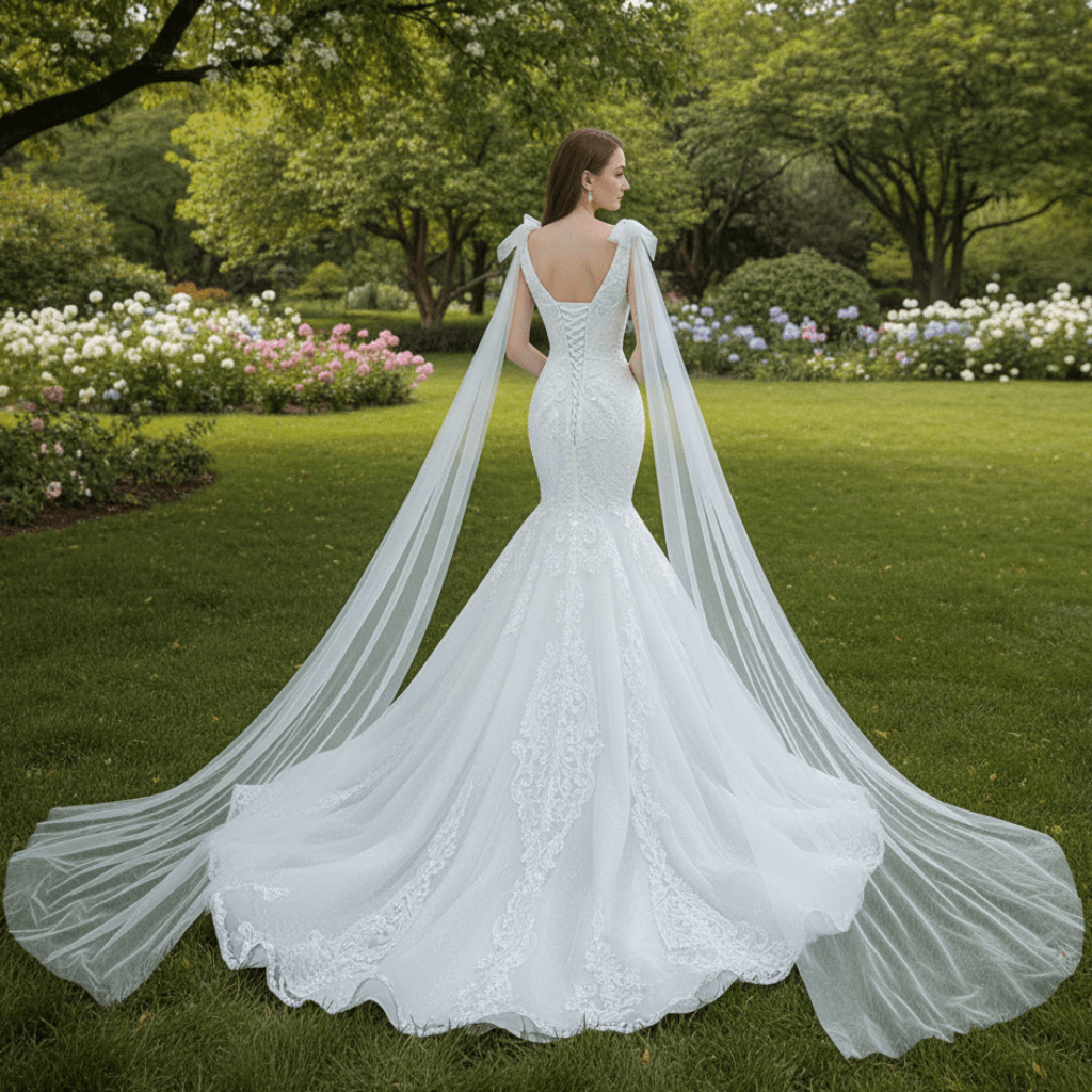 Vneck Floral Lace Mermaid Wedding Dress with Cape Sleeves - Rosymae