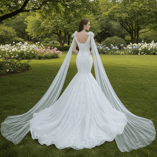 Vneck Floral Lace Mermaid Wedding Dress with Cape Sleeves - Rosymae