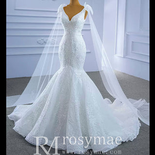 Vneck Floral Lace Mermaid Wedding Dress with Cape Sleeves - Rosymae