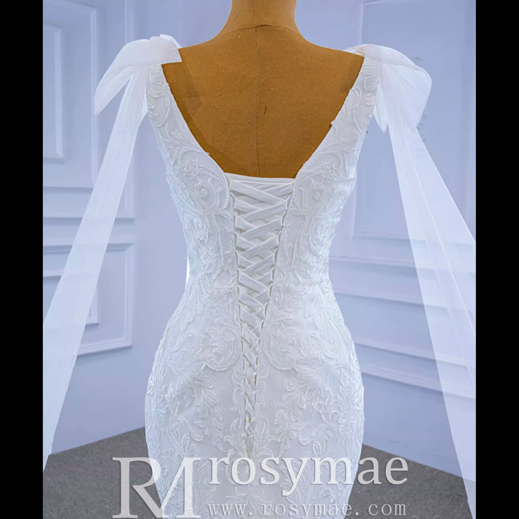 Vneck Floral Lace Mermaid Wedding Dress with Cape Sleeves - Rosymae