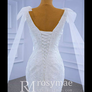Vneck Floral Lace Mermaid Wedding Dress with Cape Sleeves - Rosymae