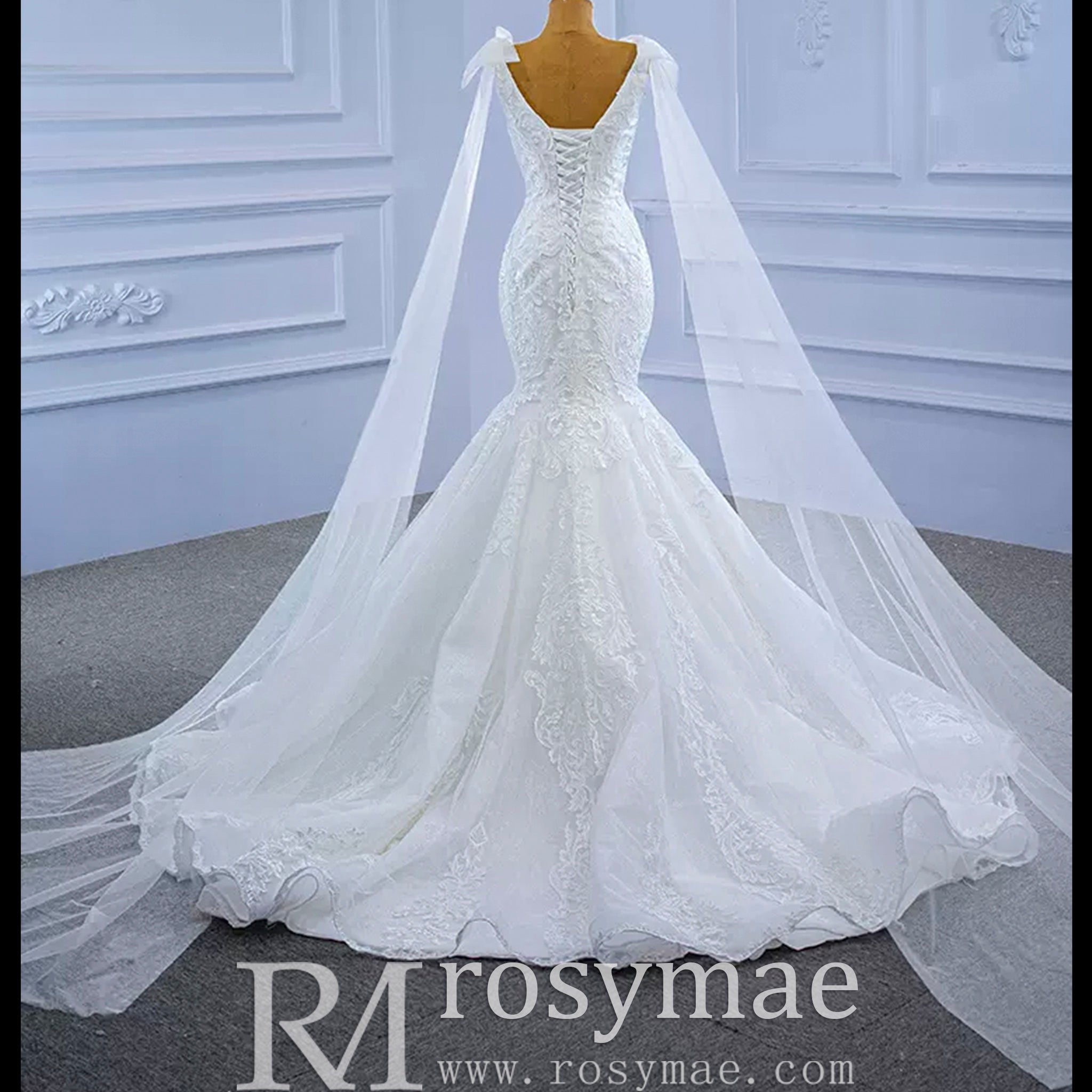 Vneck Floral Lace Mermaid Wedding Dress with Cape Sleeves - Rosymae