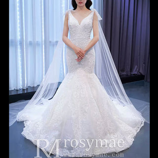 Vneck Floral Lace Mermaid Wedding Dress with Cape Sleeves - Rosymae