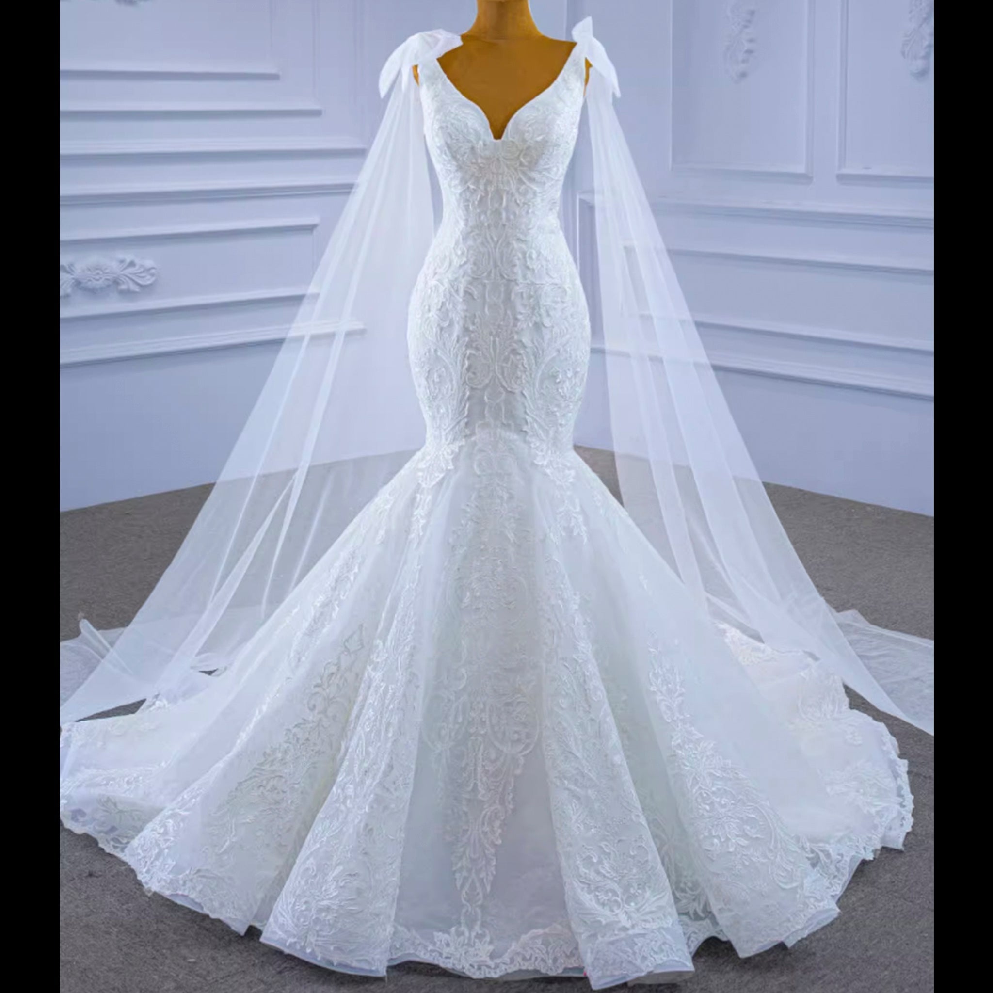 Vneck Floral Lace Mermaid Wedding Dress with Cape Sleeves - Rosymae