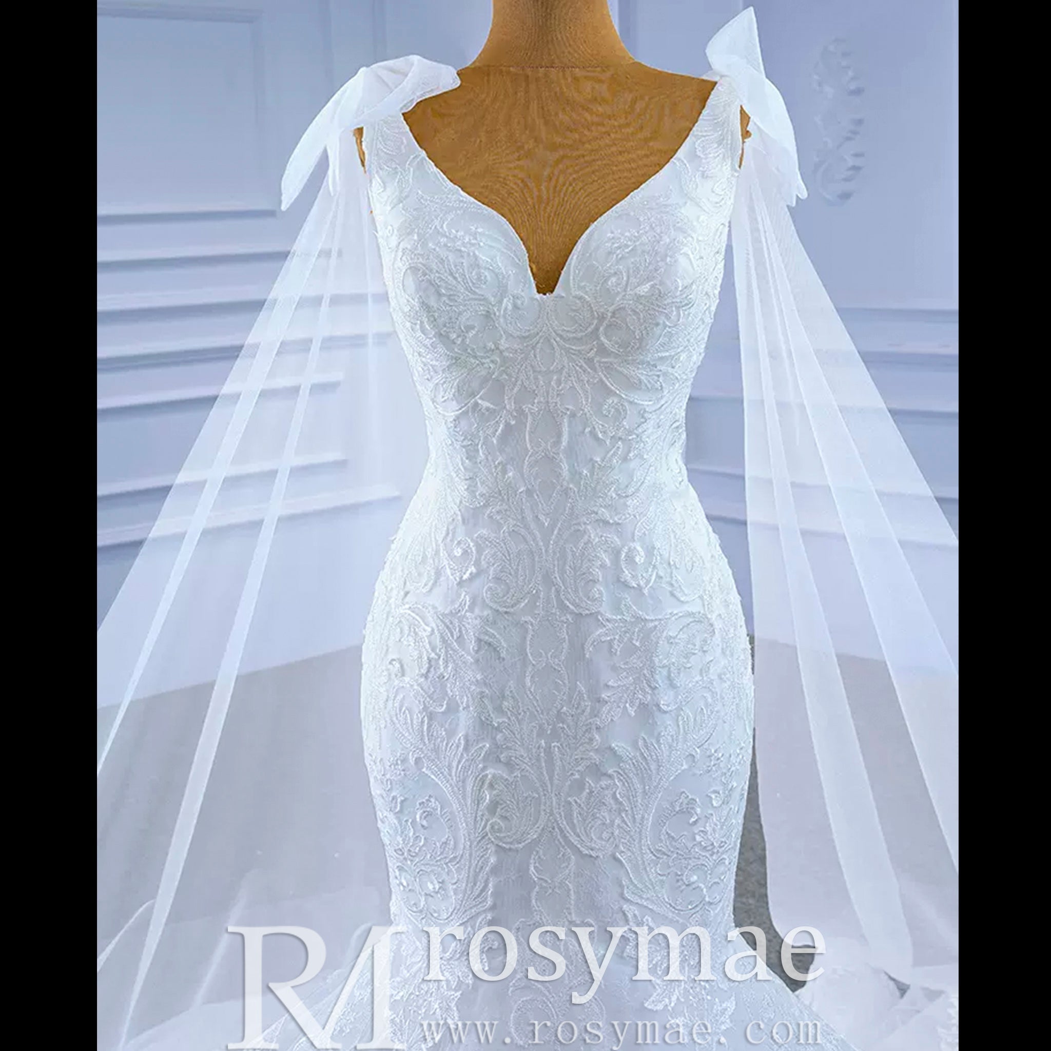 Vneck Floral Lace Mermaid Wedding Dress with Cape Sleeves - Rosymae
