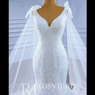 Vneck Floral Lace Mermaid Wedding Dress with Cape Sleeves - Rosymae