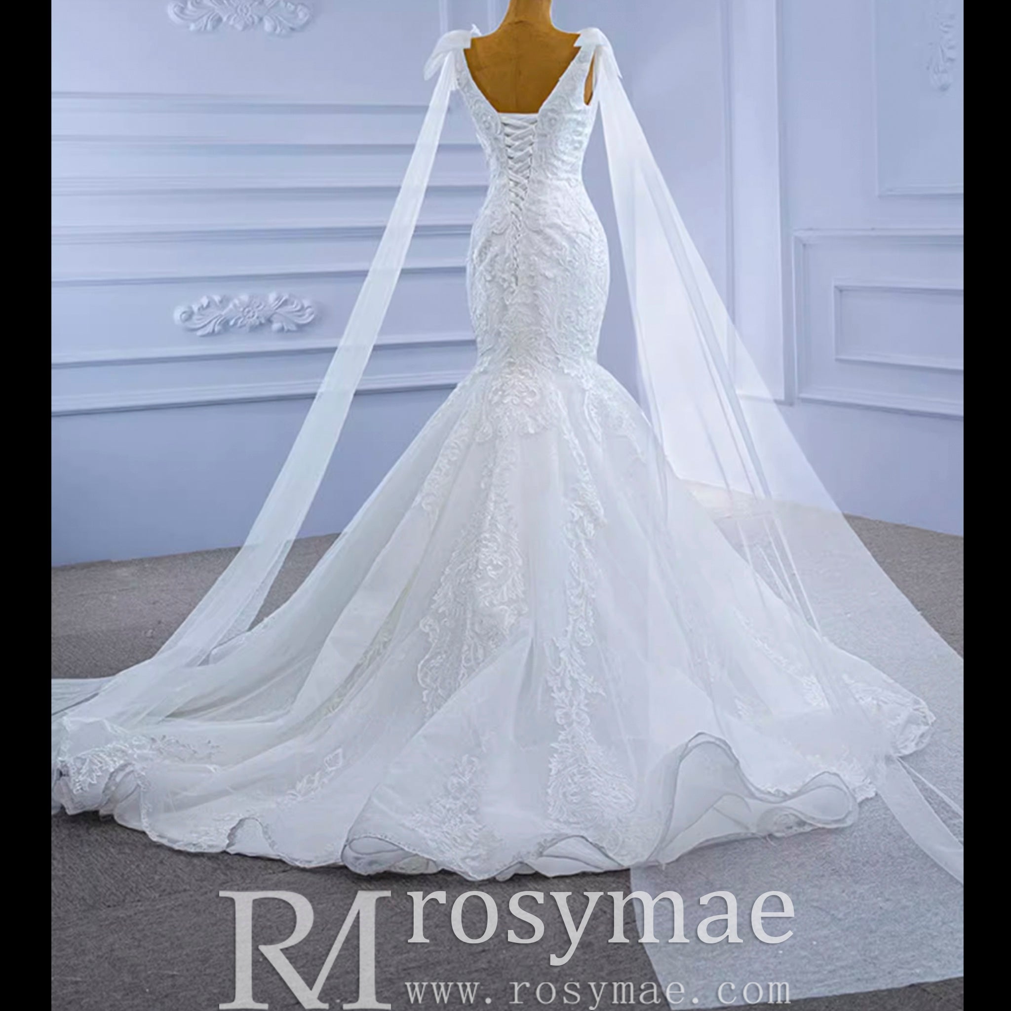 Vneck Floral Lace Mermaid Wedding Dress with Cape Sleeves - Rosymae