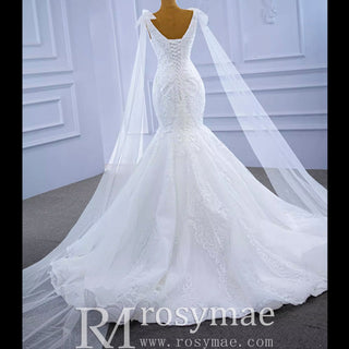 Vneck Floral Lace Mermaid Wedding Dress with Cape Sleeves - Rosymae