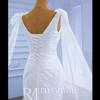 Vneck Floral Lace Mermaid Wedding Dress with Cape Sleeves - Rosymae