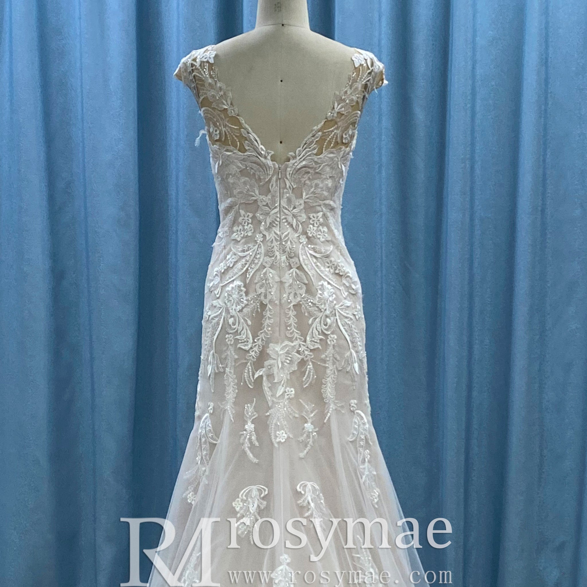 Vneck Floral Lace Tule Fit and Flare Wedding Dress with Cap Sleeve - Rosymae