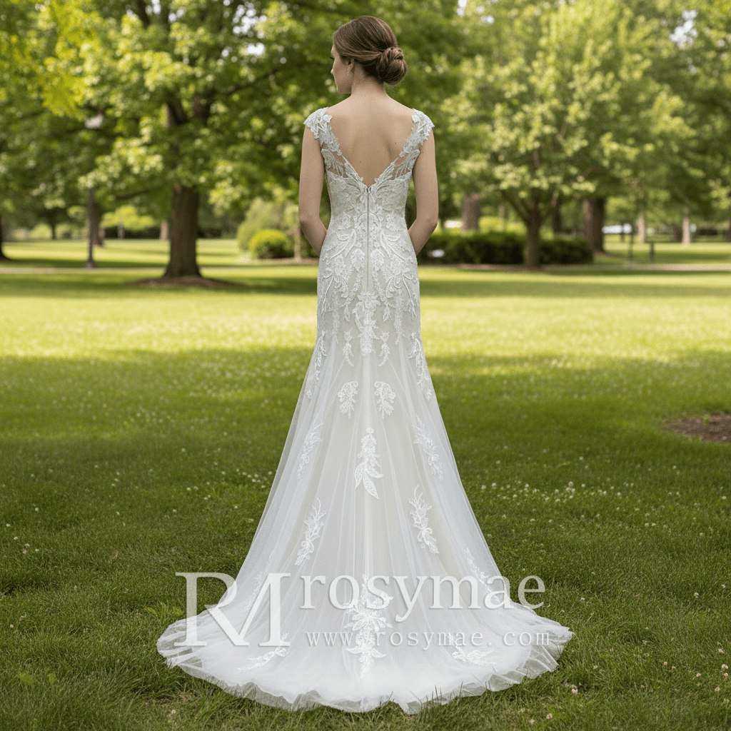 Vneck Floral Lace Tule Fit and Flare Wedding Dress with Cap Sleeve - Rosymae