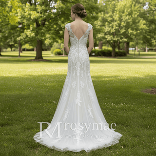 Vneck Floral Lace Tule Fit and Flare Wedding Dress with Cap Sleeve - Rosymae