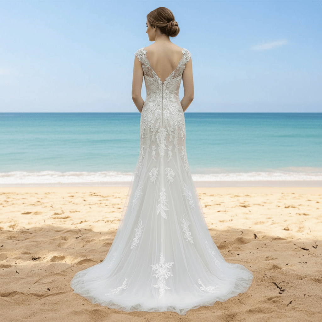 Vneck Floral Lace Tule Fit and Flare Wedding Dress with Cap Sleeve - Rosymae