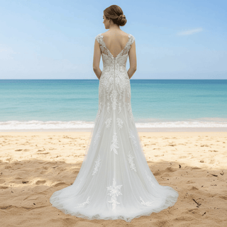Vneck Floral Lace Tule Fit and Flare Wedding Dress with Cap Sleeve - Rosymae