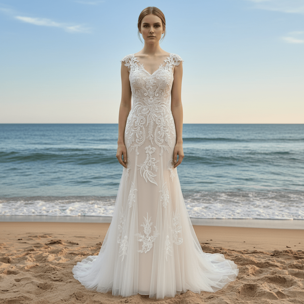 Vneck Floral Lace Tule Fit and Flare Wedding Dress with Cap Sleeve - Rosymae