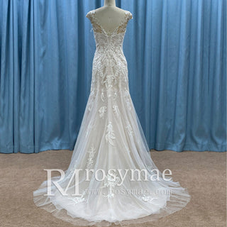 Vneck Floral Lace Tule Fit and Flare Wedding Dress with Cap Sleeve - Rosymae