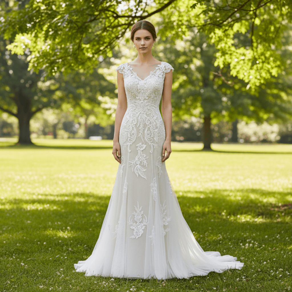 Vneck Floral Lace Tule Fit and Flare Wedding Dress with Cap Sleeve - Rosymae