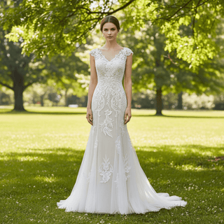 Vneck Floral Lace Tule Fit and Flare Wedding Dress with Cap Sleeve - Rosymae